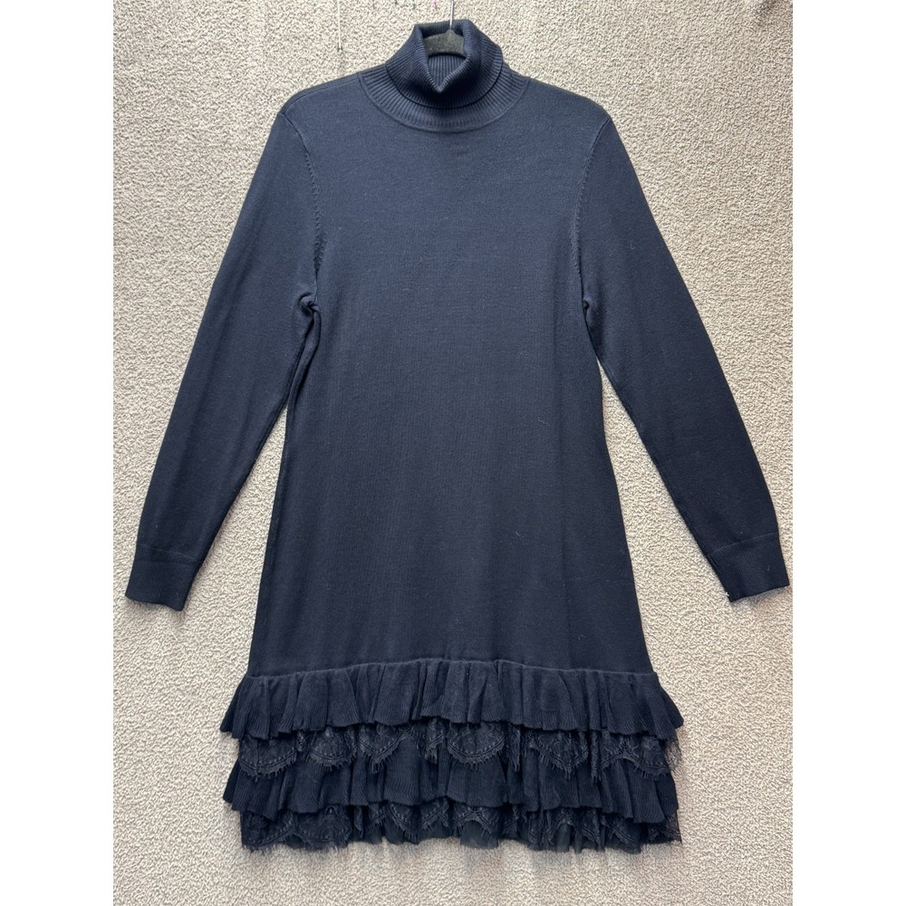 VENUS Turtleneck Knit Whimsigoth Whitchy Dress Women L Navy Ruffle Lace Hem